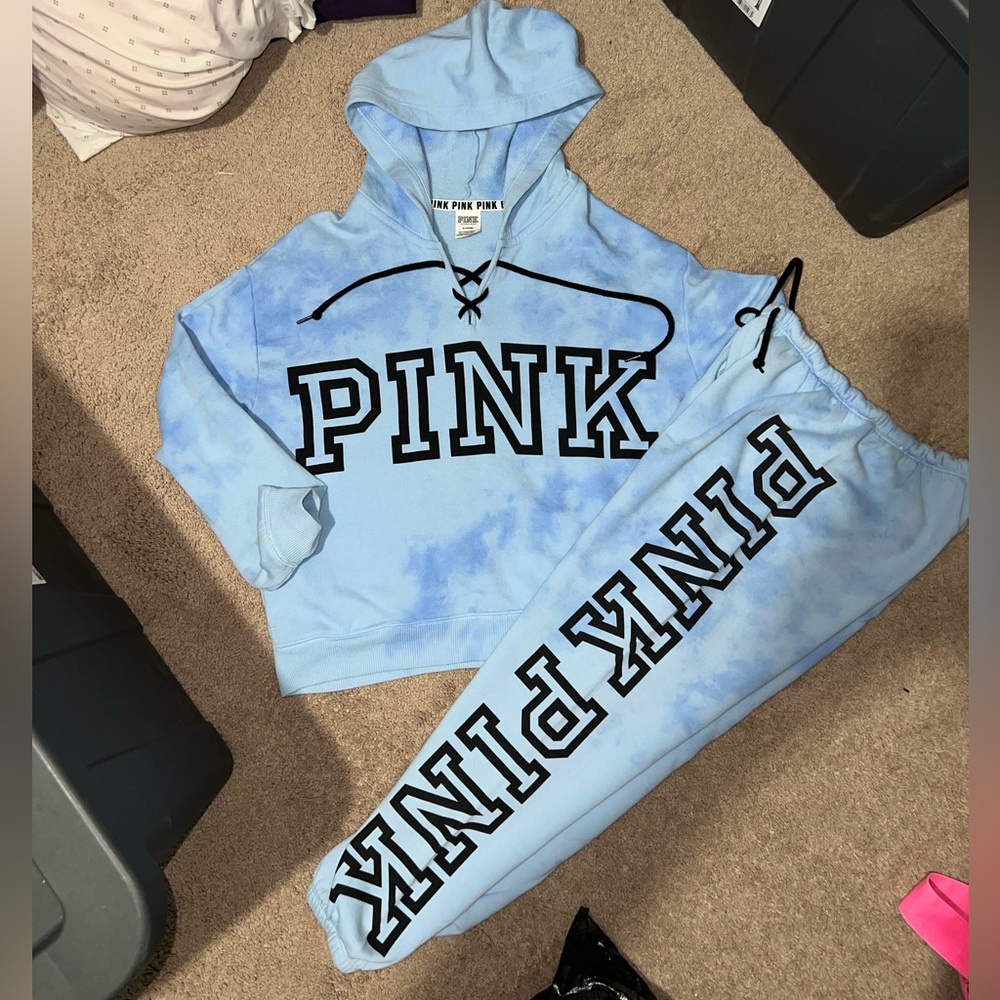 Victoria's Secret Pink Tie-dye Blue Lace - Up  Hoodie and Joggers Set
